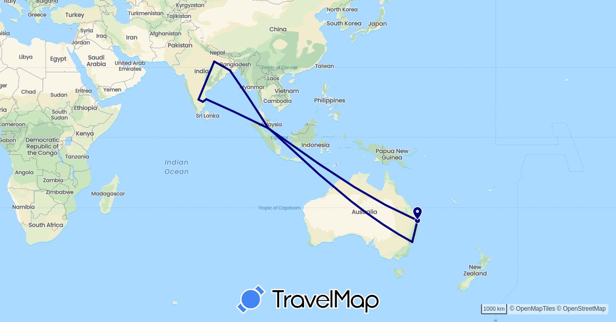 TravelMap itinerary: driving in Australia, India, Malaysia, Singapore (Asia, Oceania)